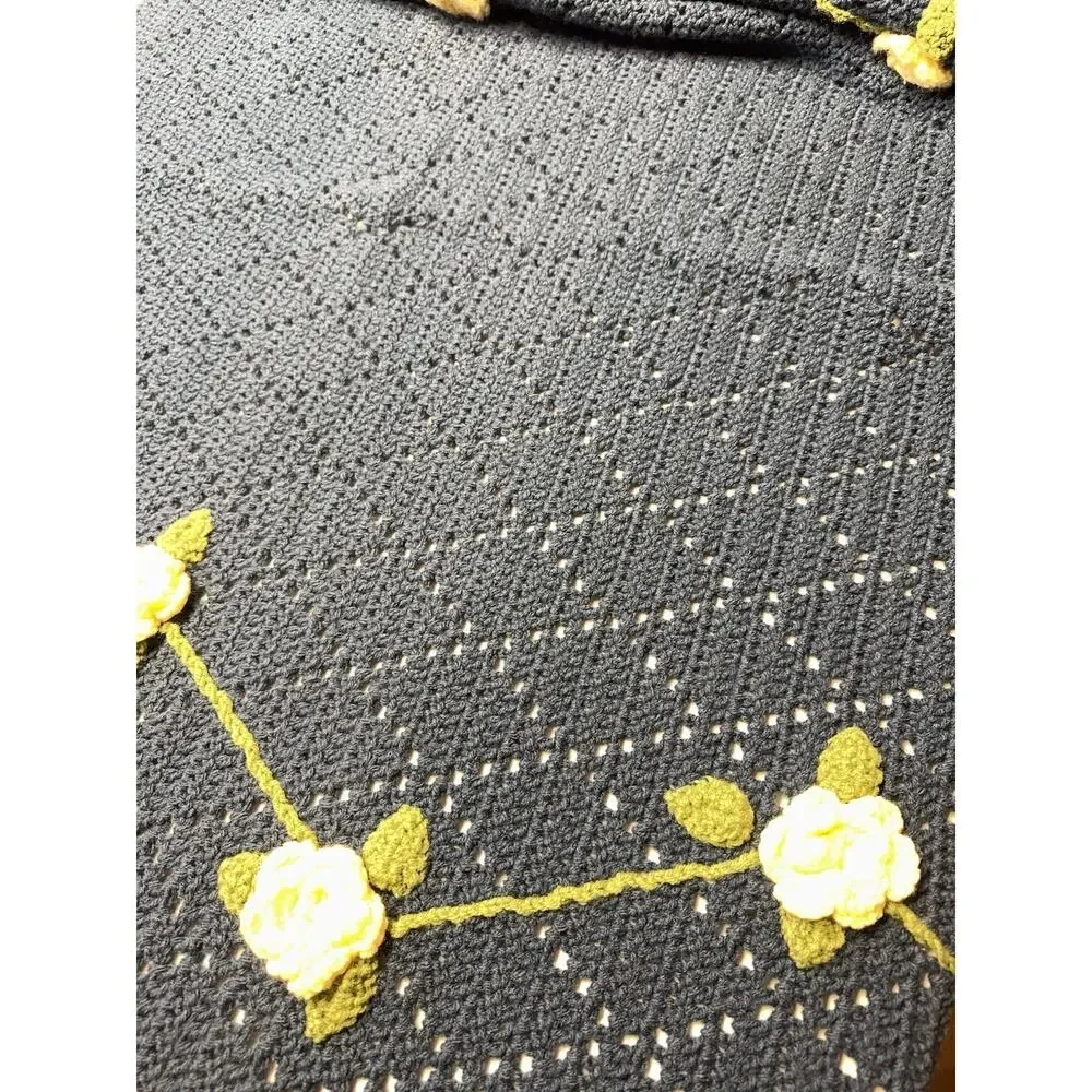 Vintage Crochet Floral Afghan Throw Blue Yellow Flowers 57x67 Cottagecore‎